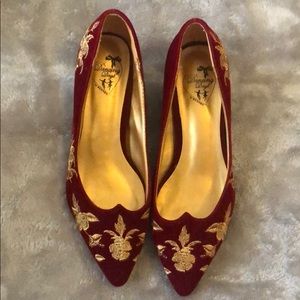 Crimson Velvet Embroidered Kitten Heel